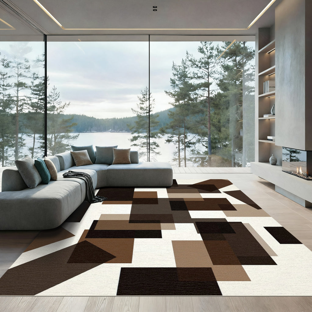 Modern Brown Geometric Abstract Block Rug