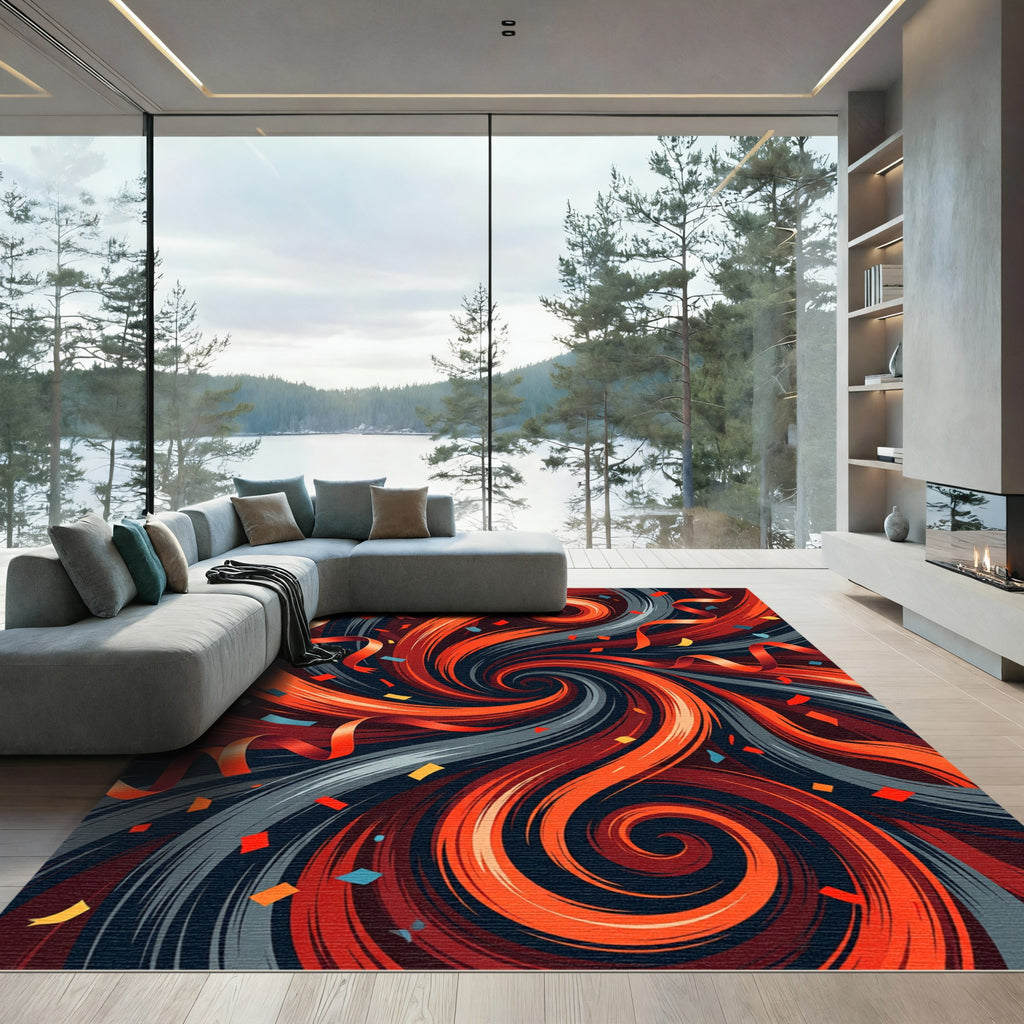 Fiery Red Orange Swirl Confetti Rug