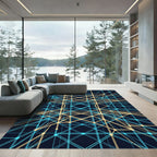 Geometric Neon Blue and Gold Grid Rug