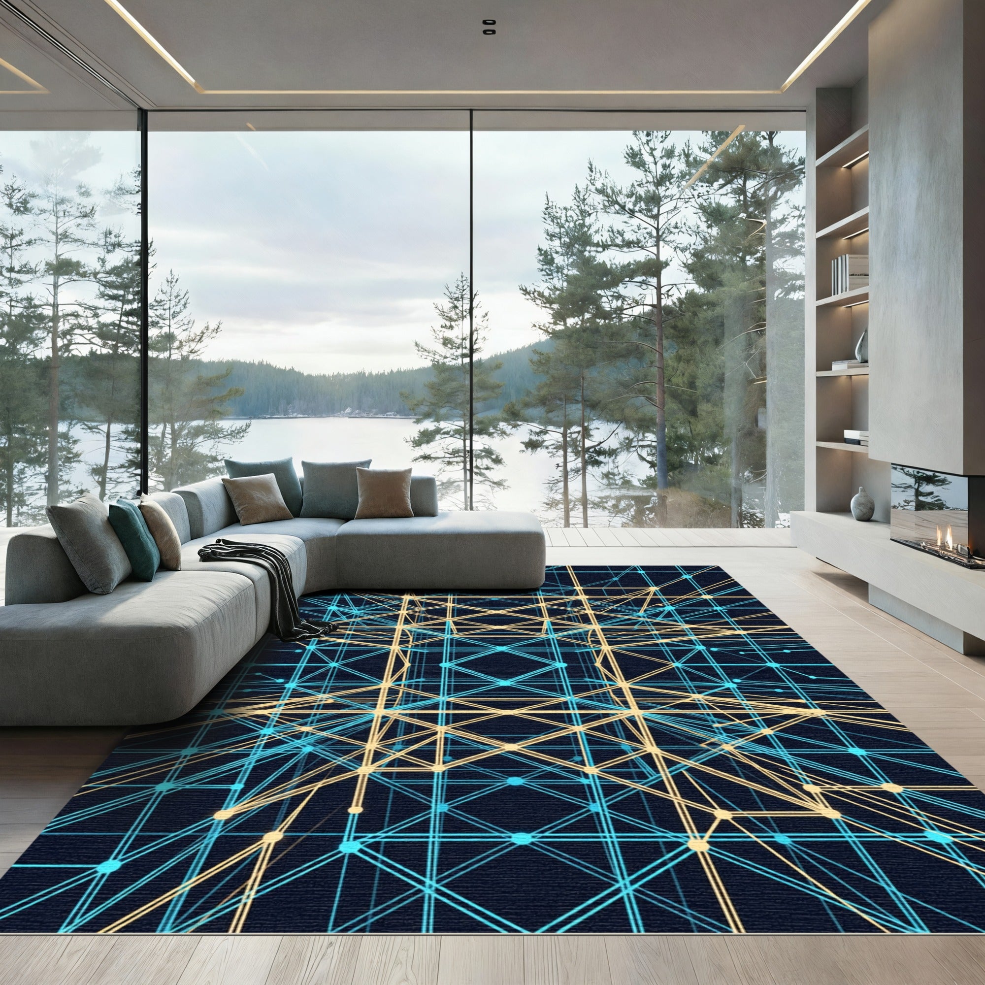 Geometric Neon Blue and Gold Grid Rug