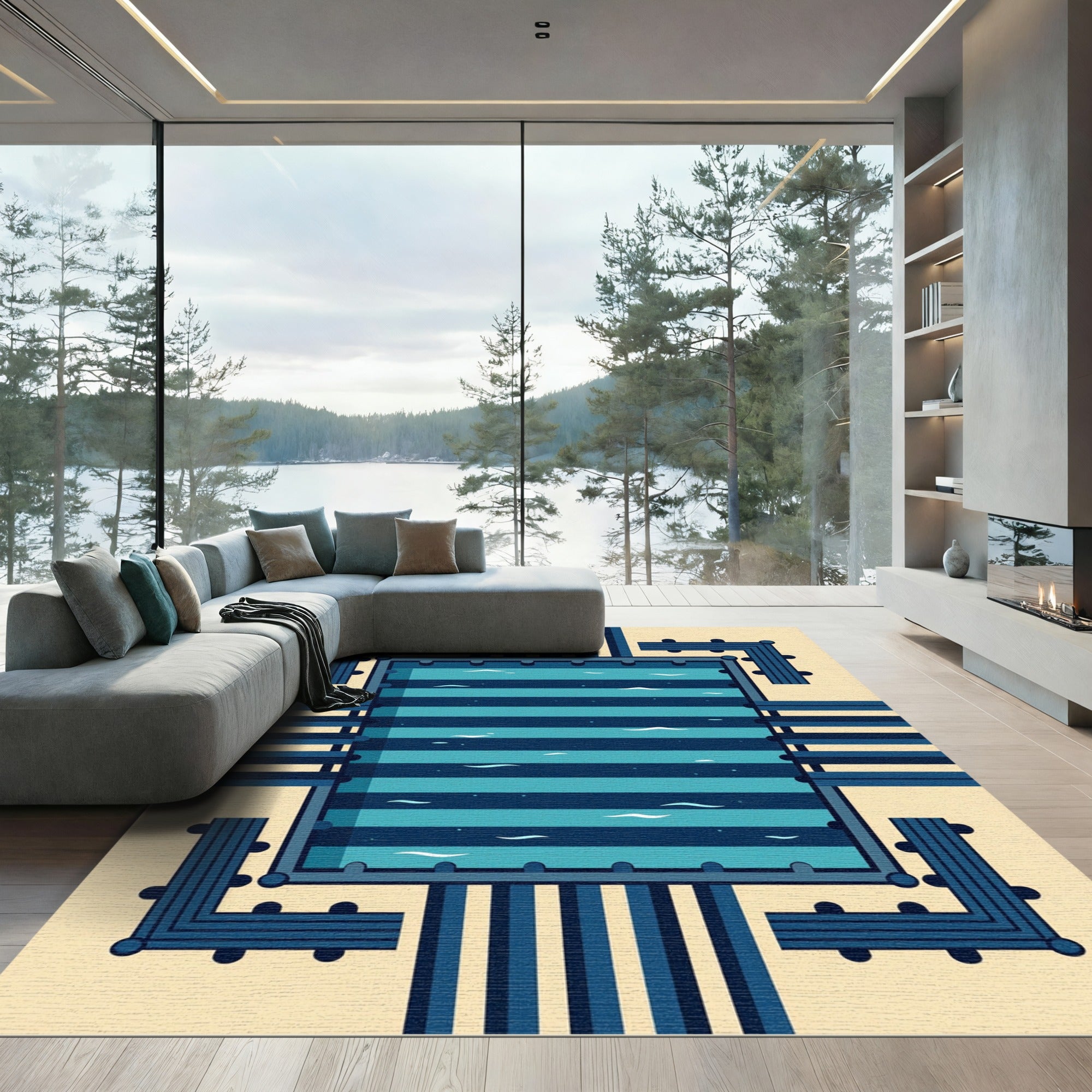 Modern Navy Blue Geometric Linear Grid Rug