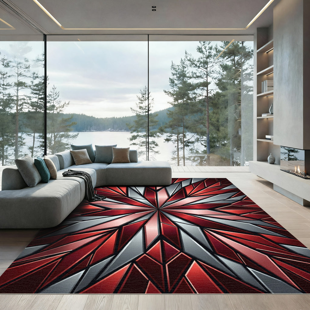 Crimson Silver Faceted Starburst Rug