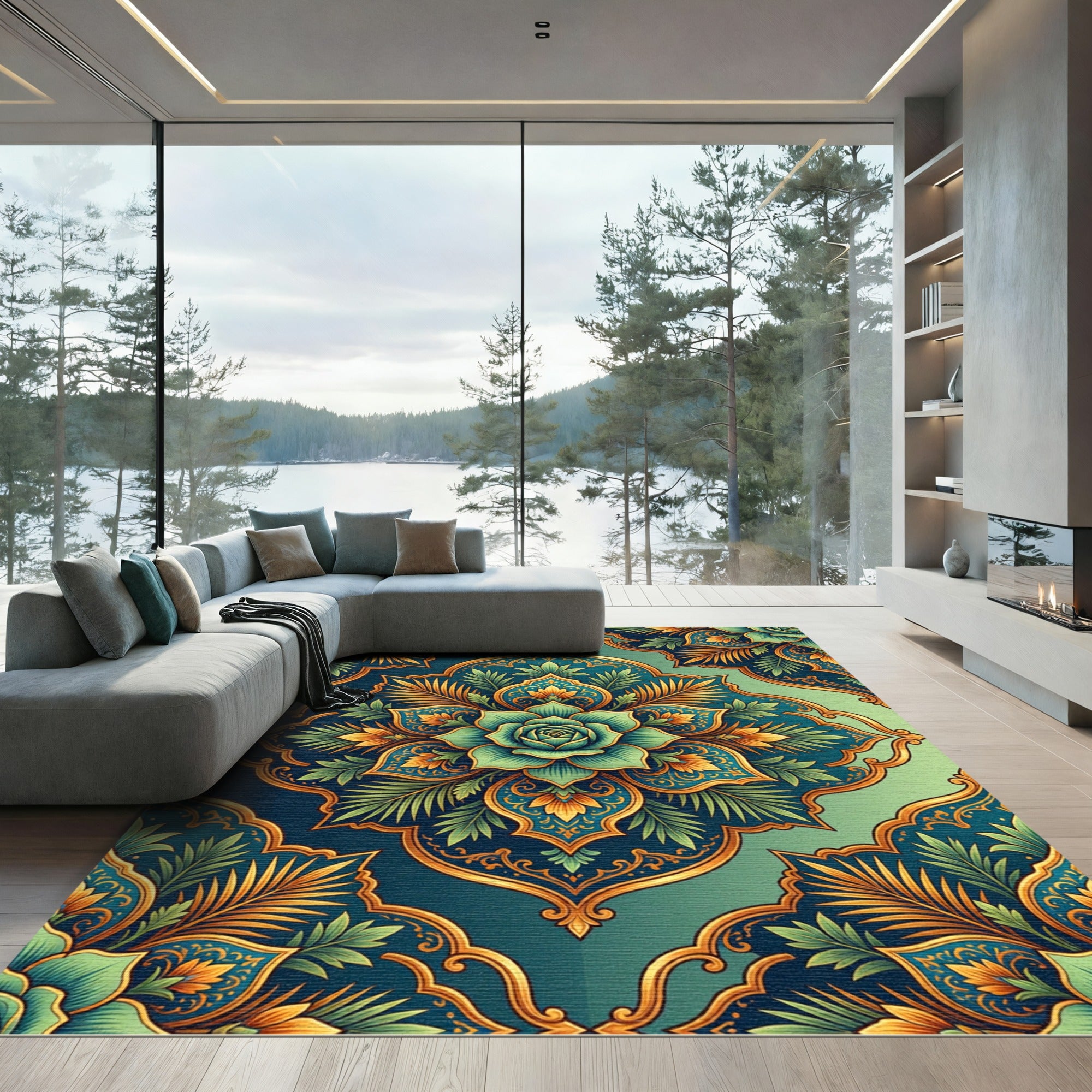 Teal Azure Floral Golden Medallion Rug