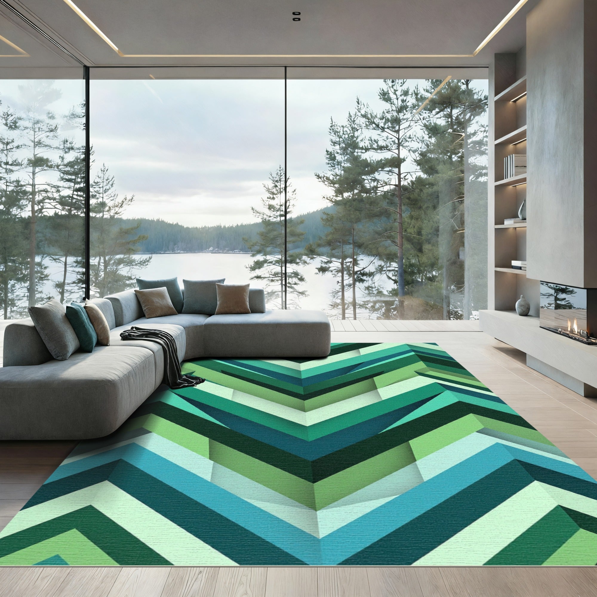 Modern Emerald Geometric Chevron Layered Art Rug