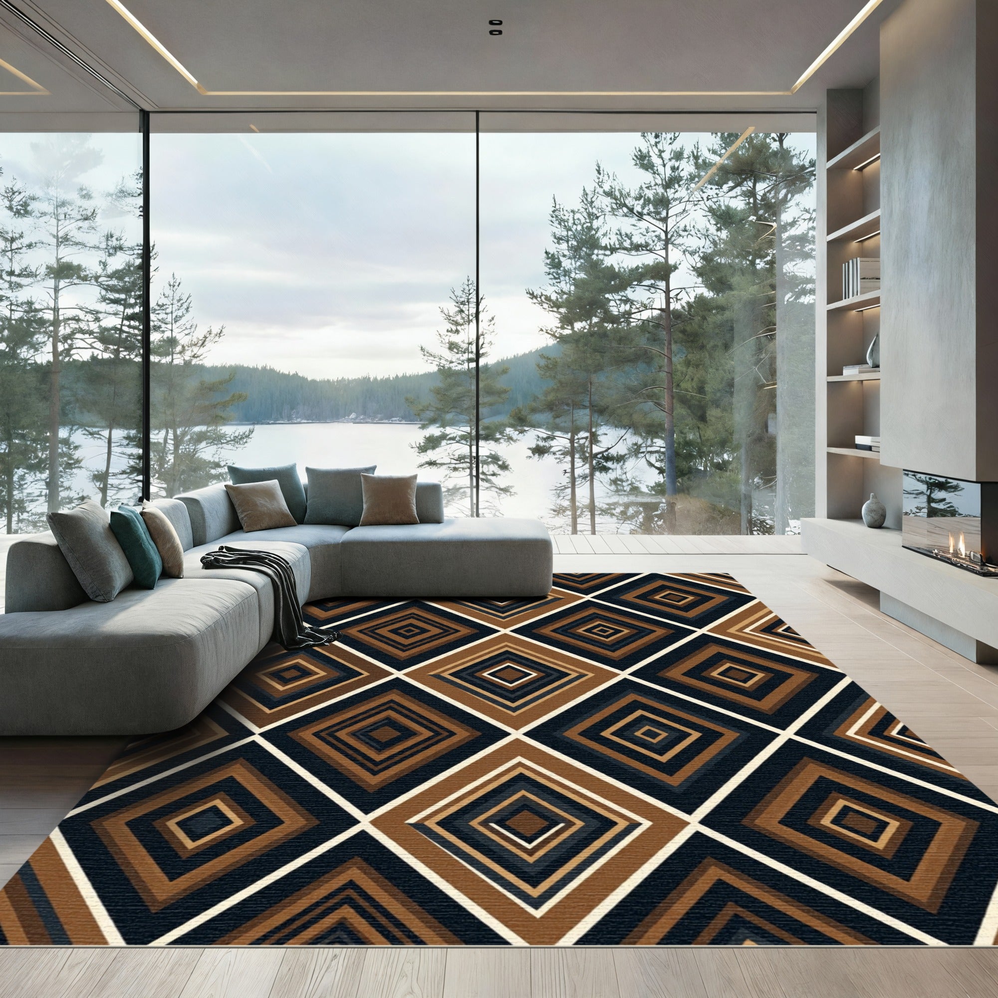Modern Earthy Toned Geometric Diamond Rug