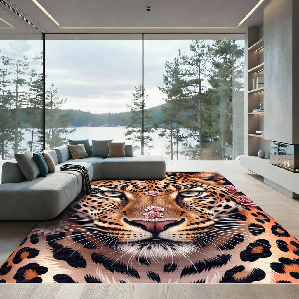 Majestic Leopard Portrait with Pink Roses Rug