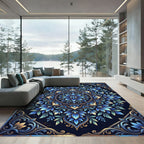 Elegant Navy Blue Floral Mandala Rug