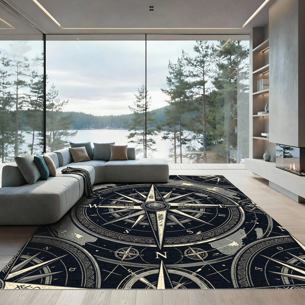 Vintage Compass Nautical Monochromatic Map Rug