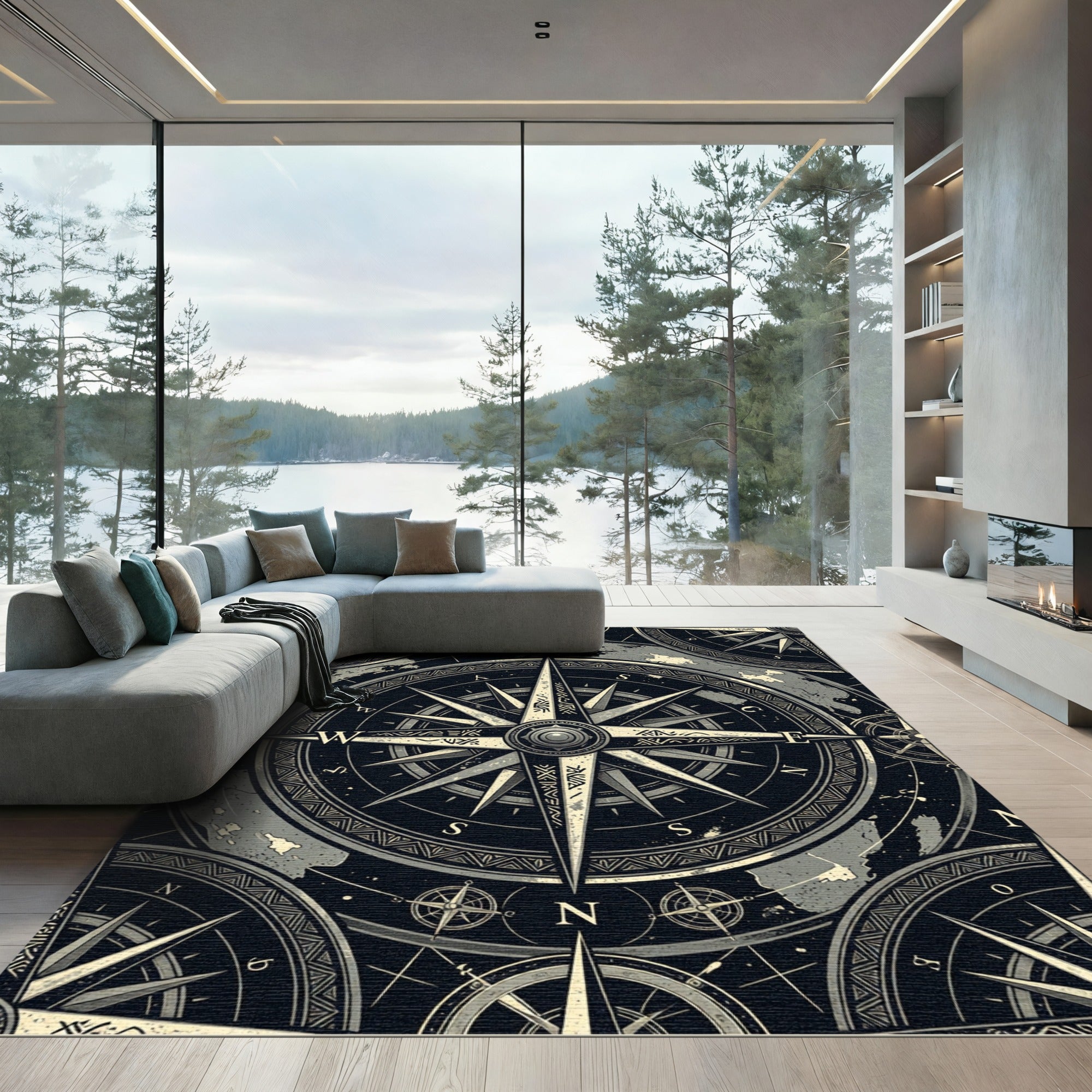 Vintage Compass Nautical Monochromatic Map Rug