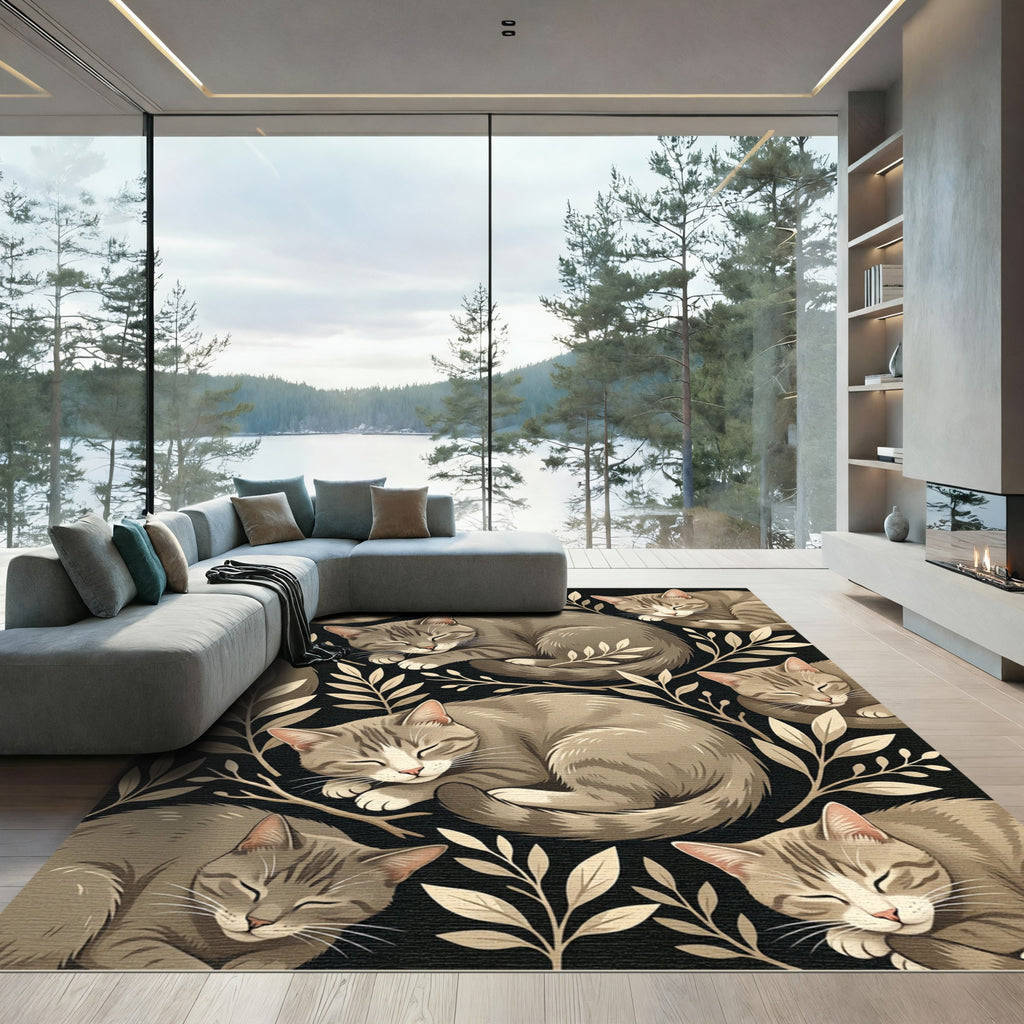 Cozy Sleeping Tabby Cat Botanical Rug
