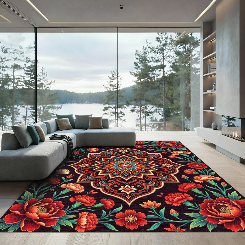Vibrant Red Floral Medallion Rug