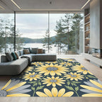Sunny Yellow Daisy Floral Navy Medallion Rug