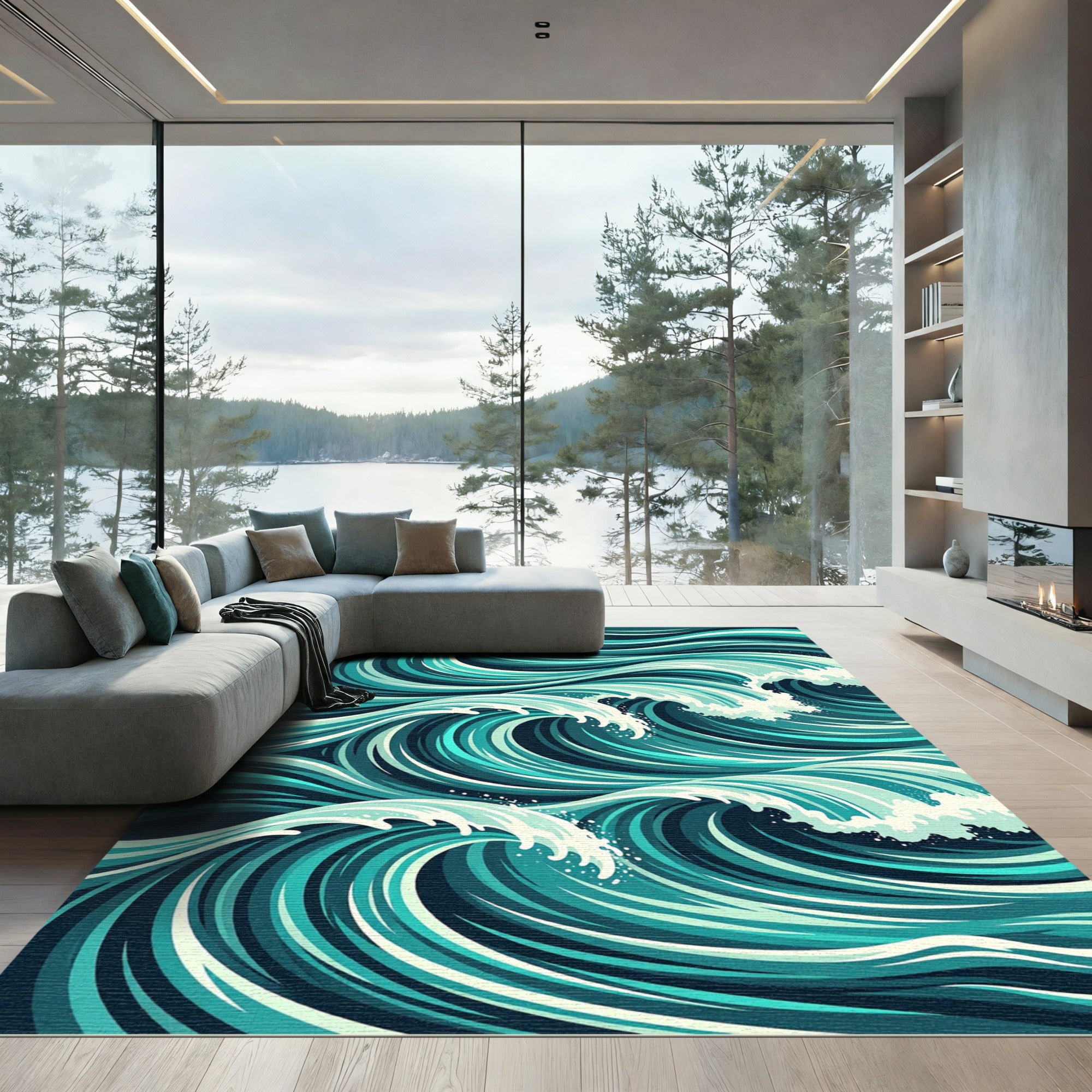 Abstract Teal Ocean Wave Swirl Rug