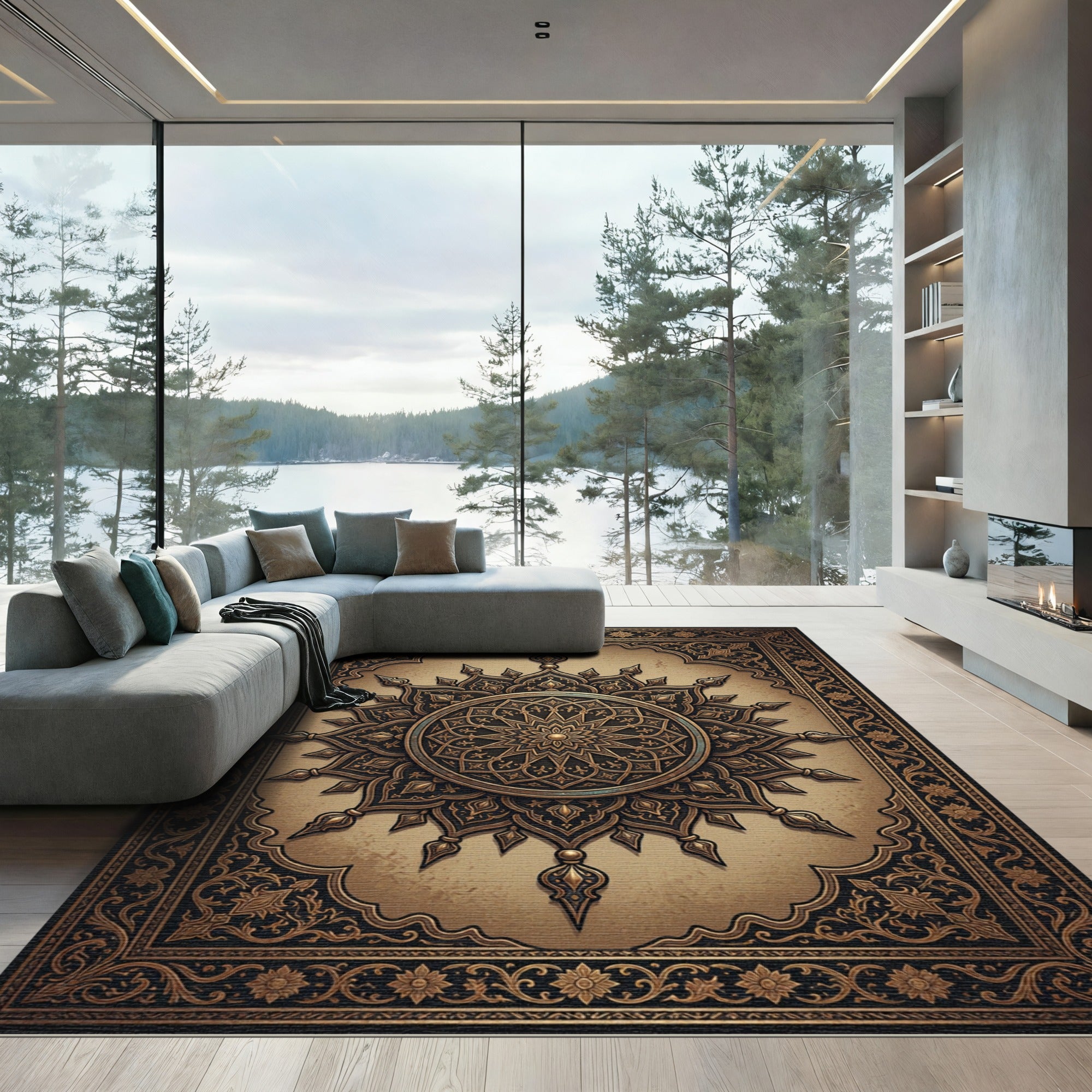 Gold Ornate Mandala Sun Medallion Rug