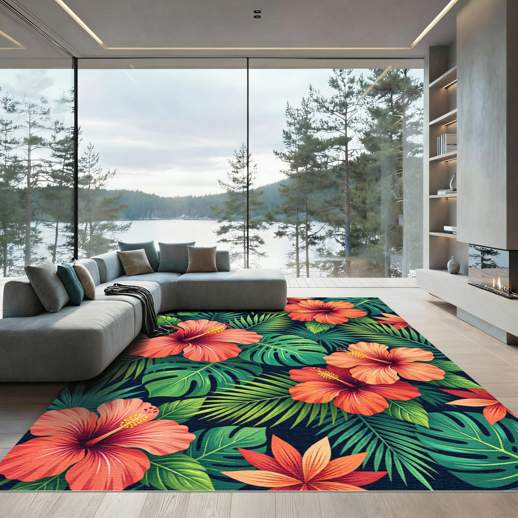 Tropical Vibrant Orange Hibiscus Foliage Rug