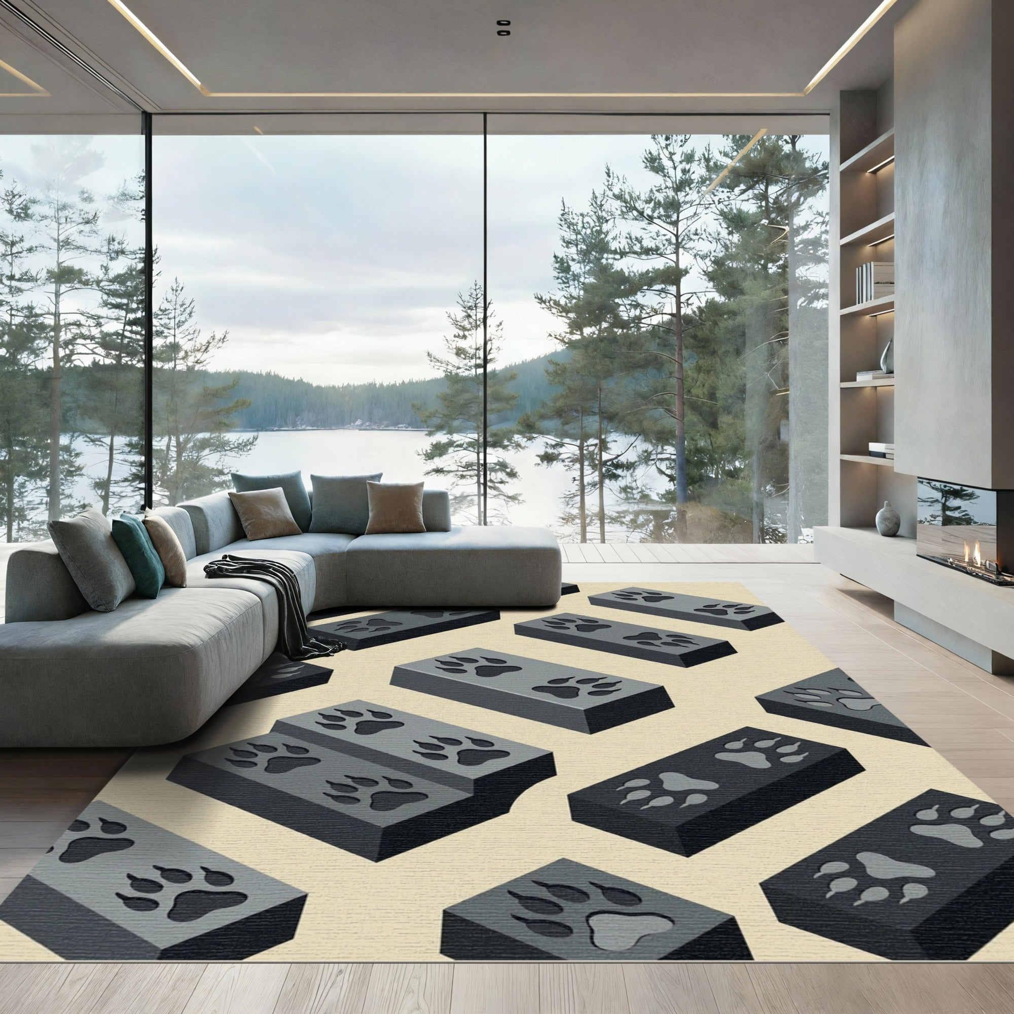 Minimalist Charcoal Isometric Paw Track Rug