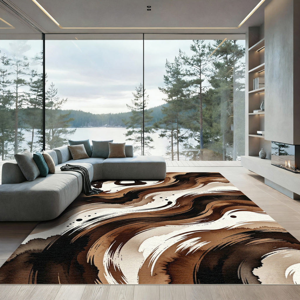 Minimalist Brown Zen Brushwork Swirl Rug