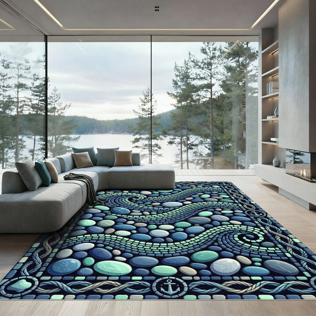 Ocean Stone Mosaic Coastal Wave Rug