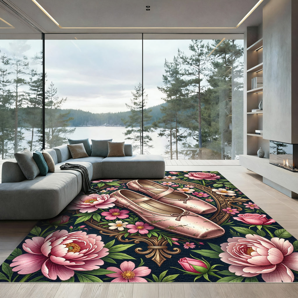 Vintage Pink Floral Ballet Shoe Medallion Rug