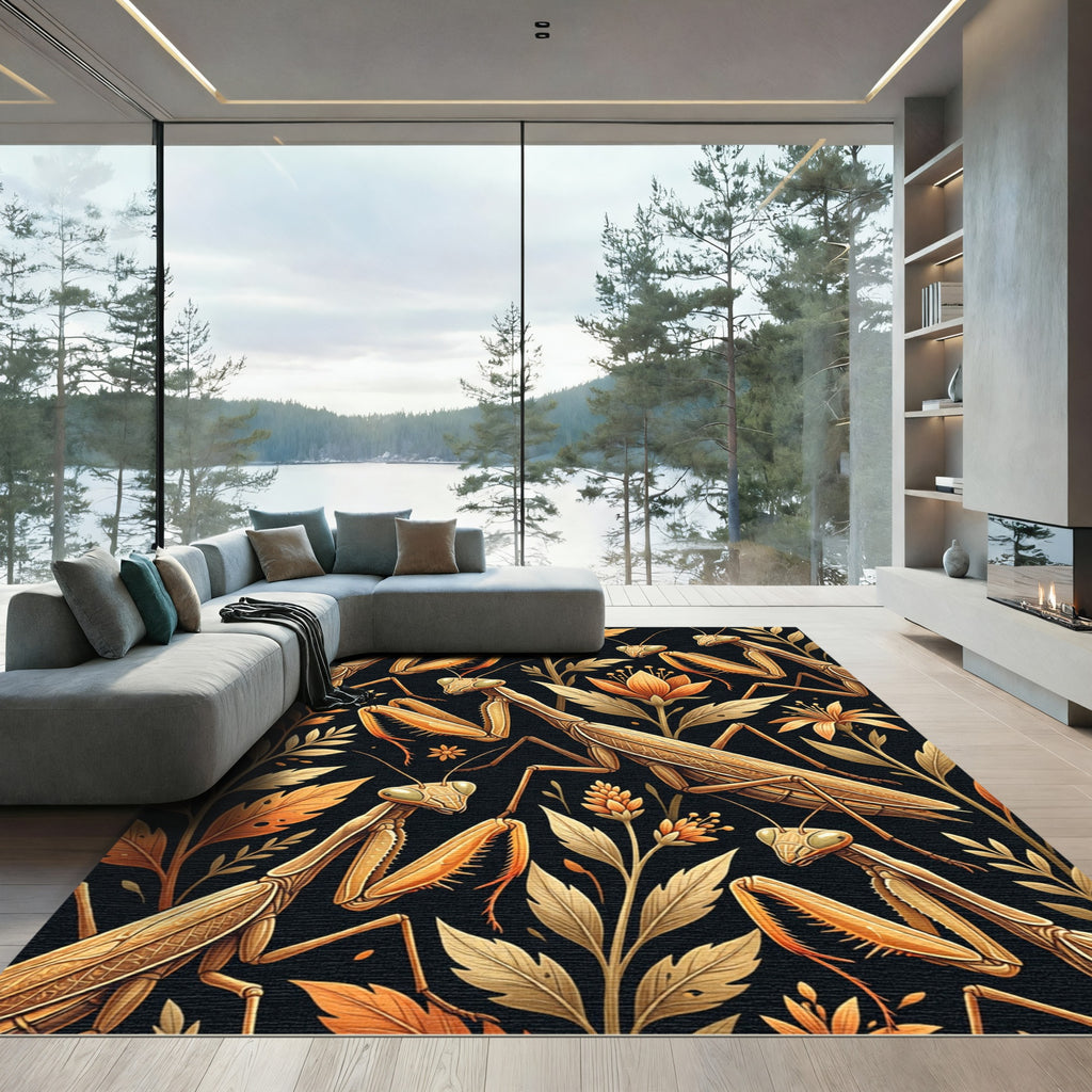 Golden Mantis Insect Botanical Art Rug