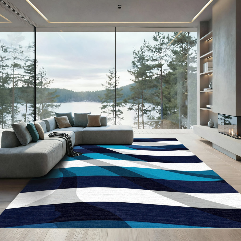Modern Navy and Cyan Wavy Stripe Rug