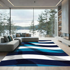 Modern Navy and Cyan Wavy Stripe Rug
