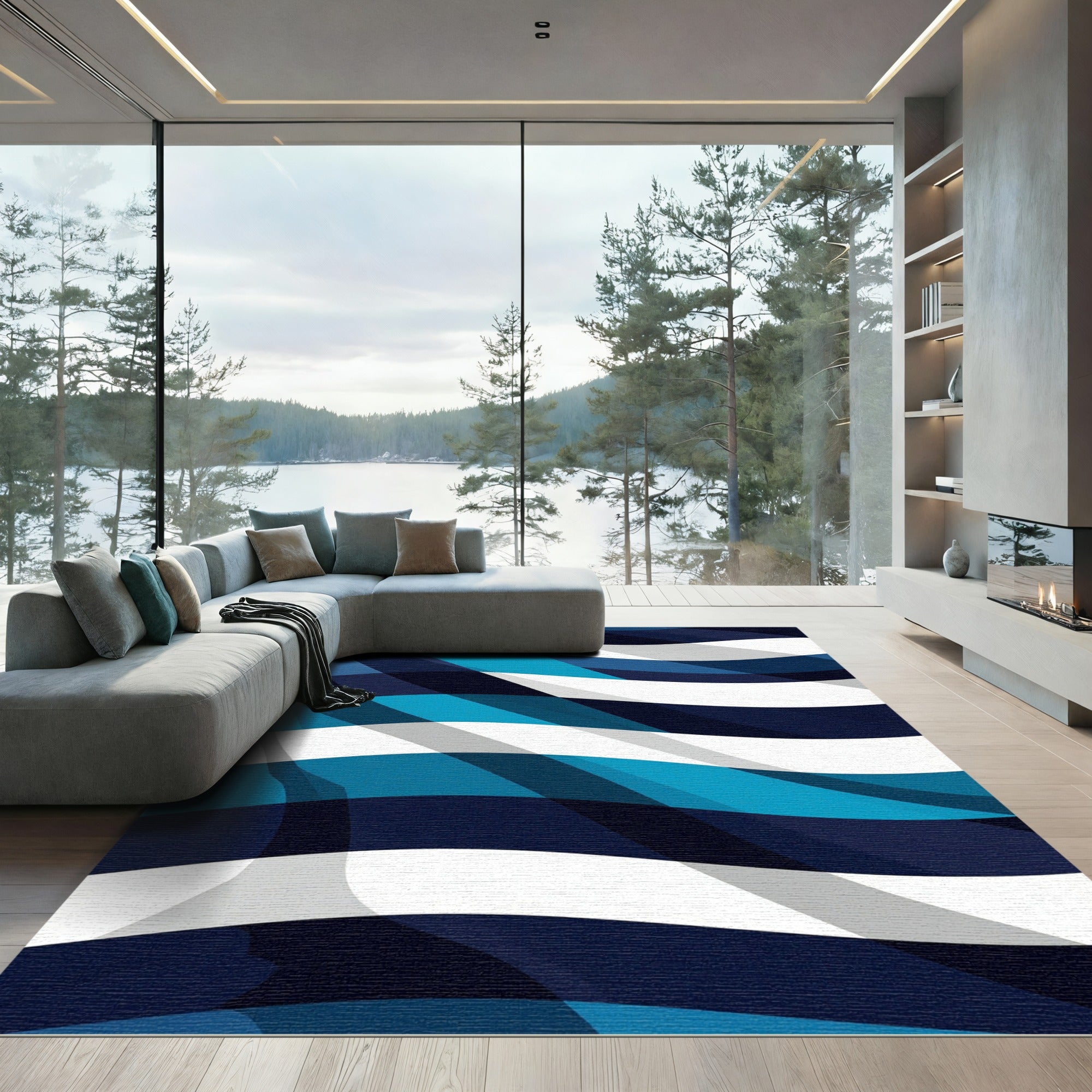 Modern Navy and Cyan Wavy Stripe Rug