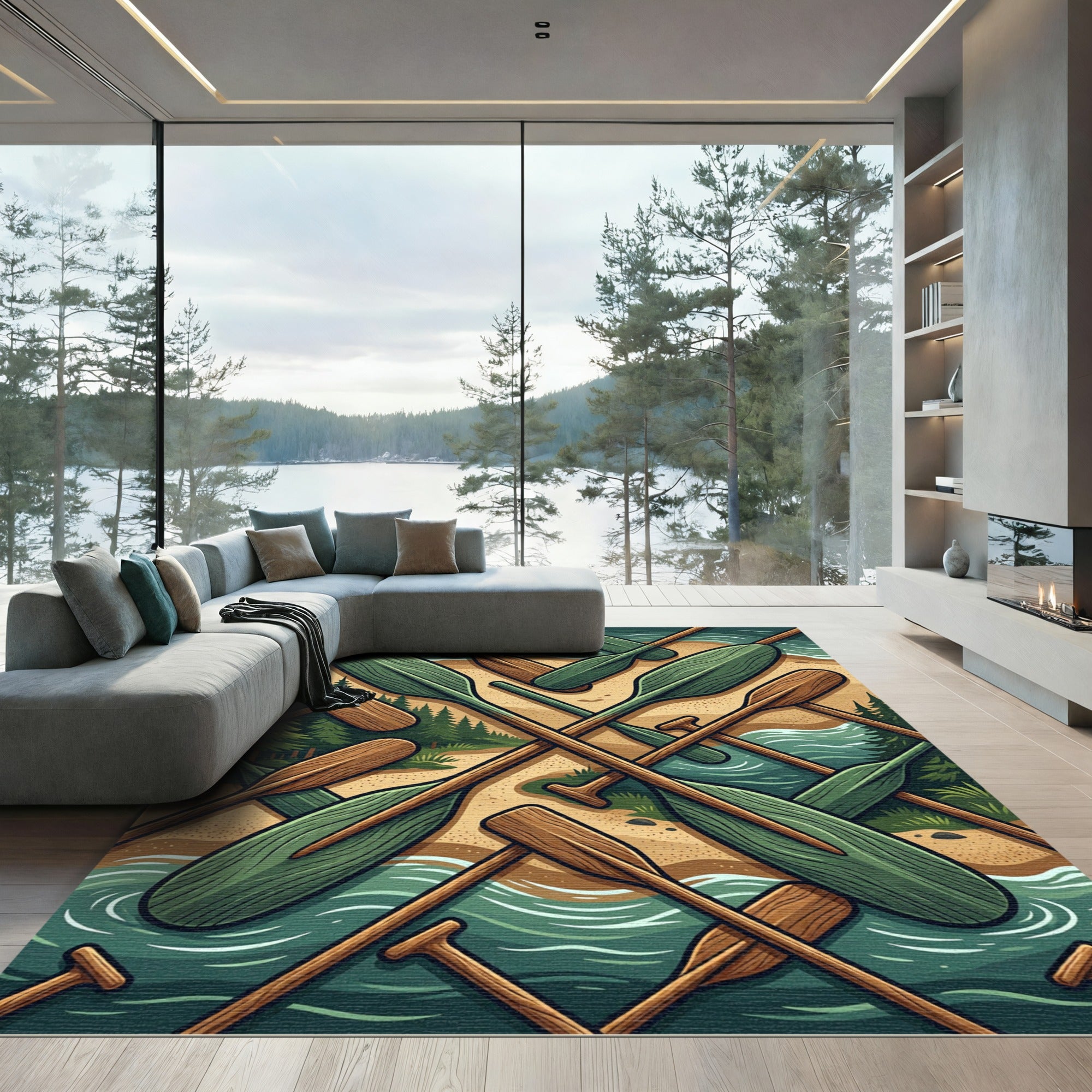Crossed Wooden Oars Forest Lake Landscape Rug