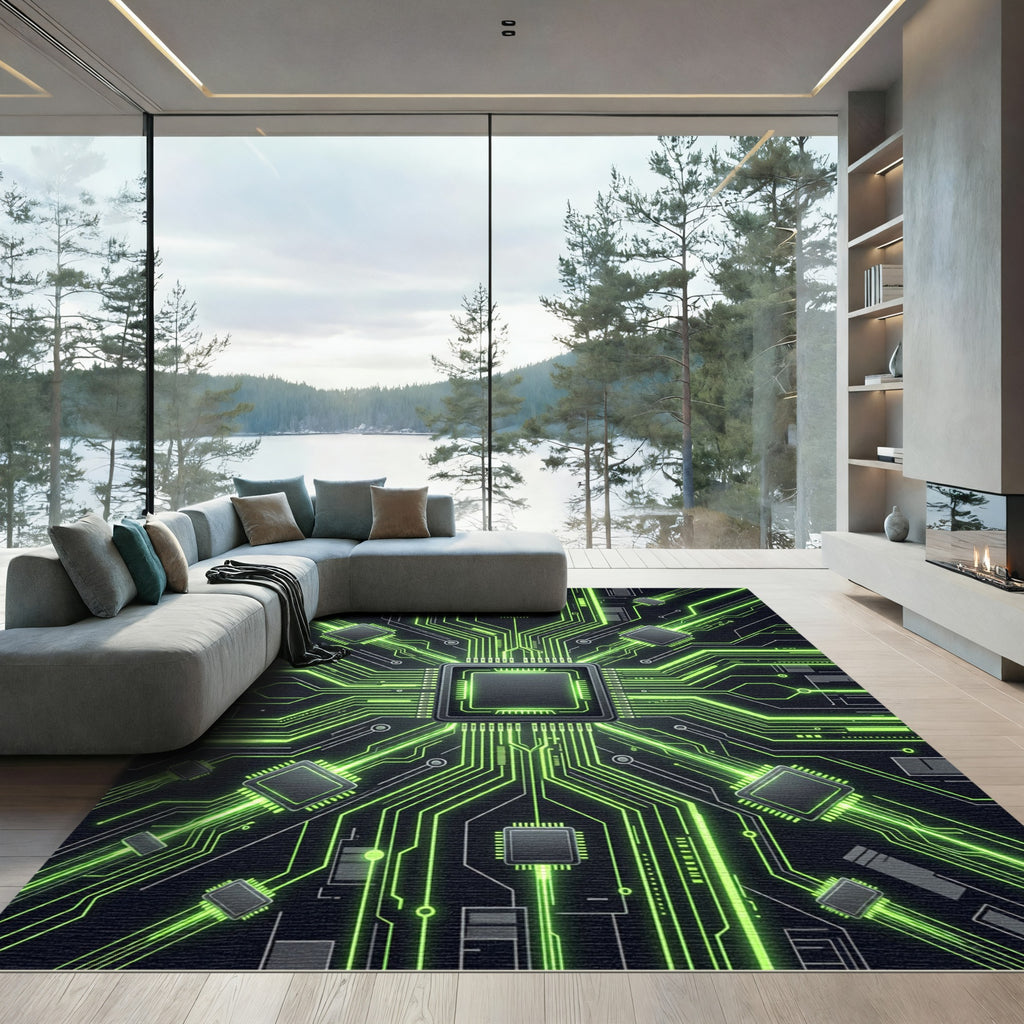 Neon Circuitry Cyber Grid Glow Rug