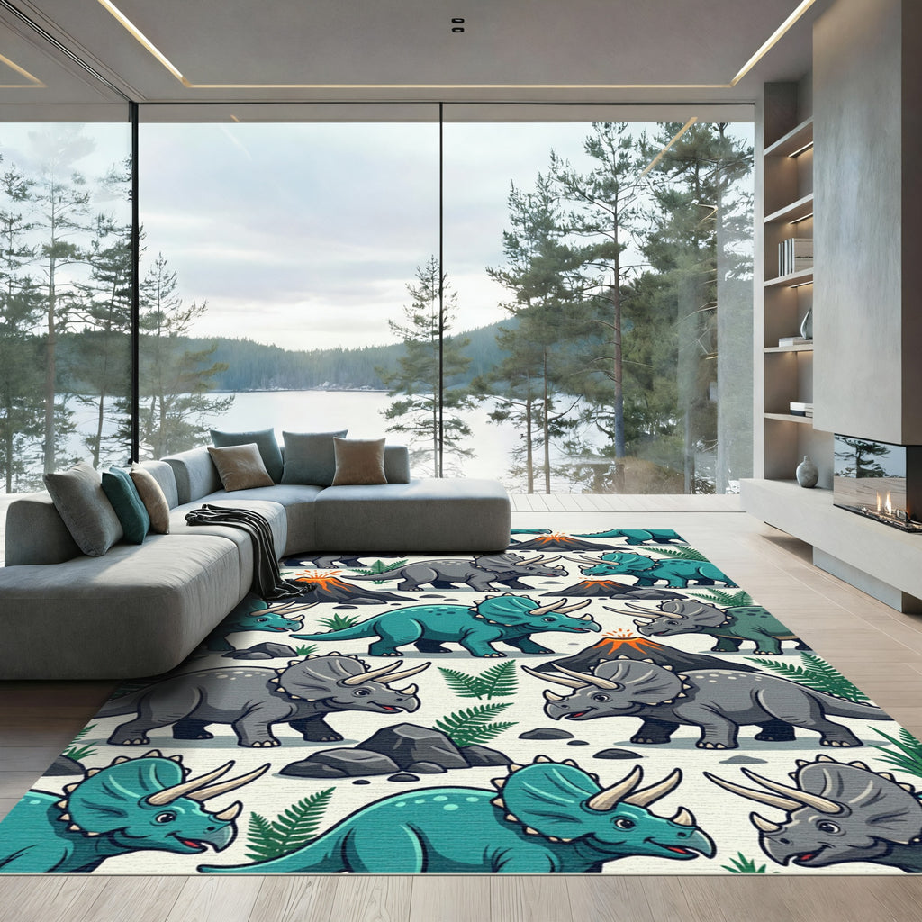 Playful Triceratops Dinosaur Volcano Jungle Scene Rug