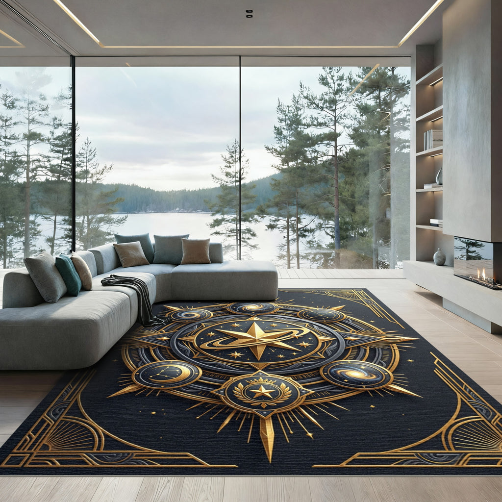Celestial Gold Starry Galaxy Medallion Rug