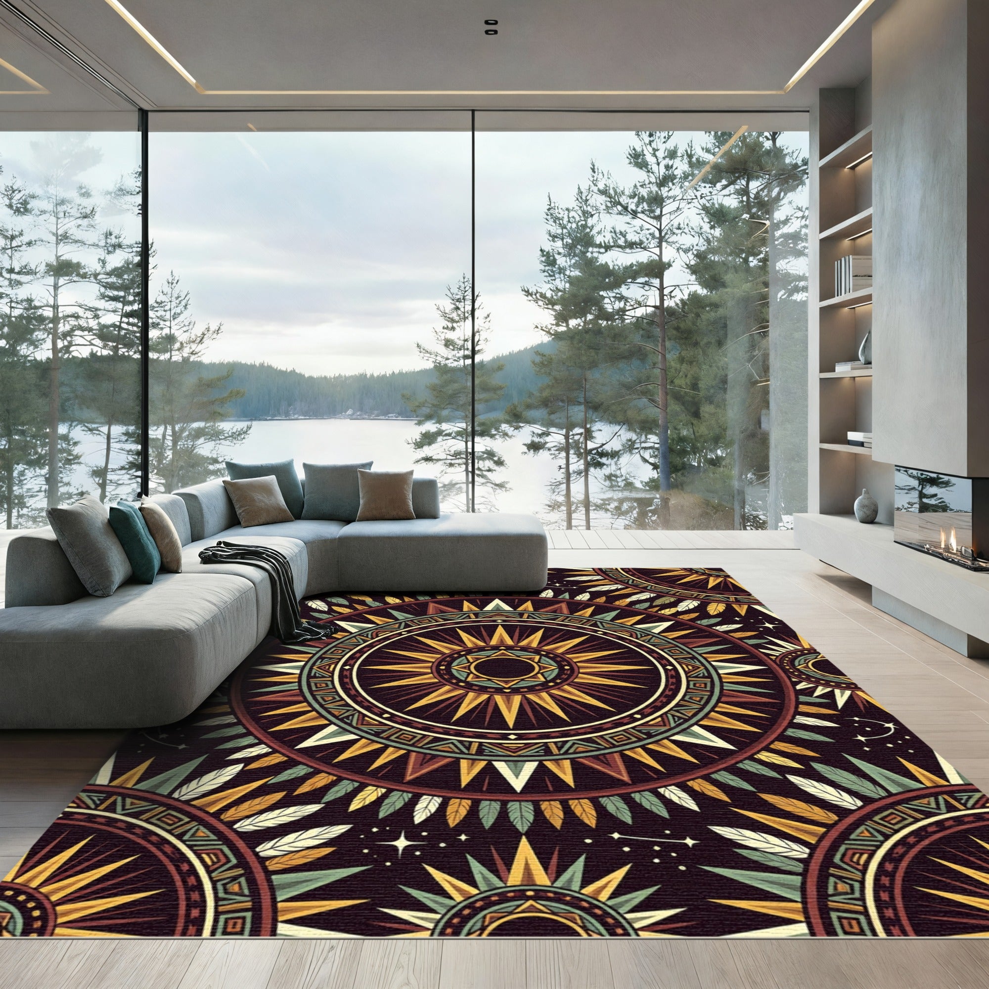 Celestial Sunburst Feather Mandala Earthy Tones Rug