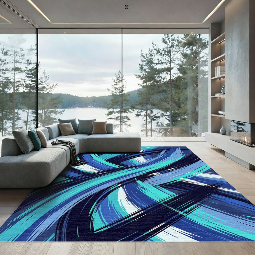 Modern Ethereal Blue Abstract Swirl Flow Rug