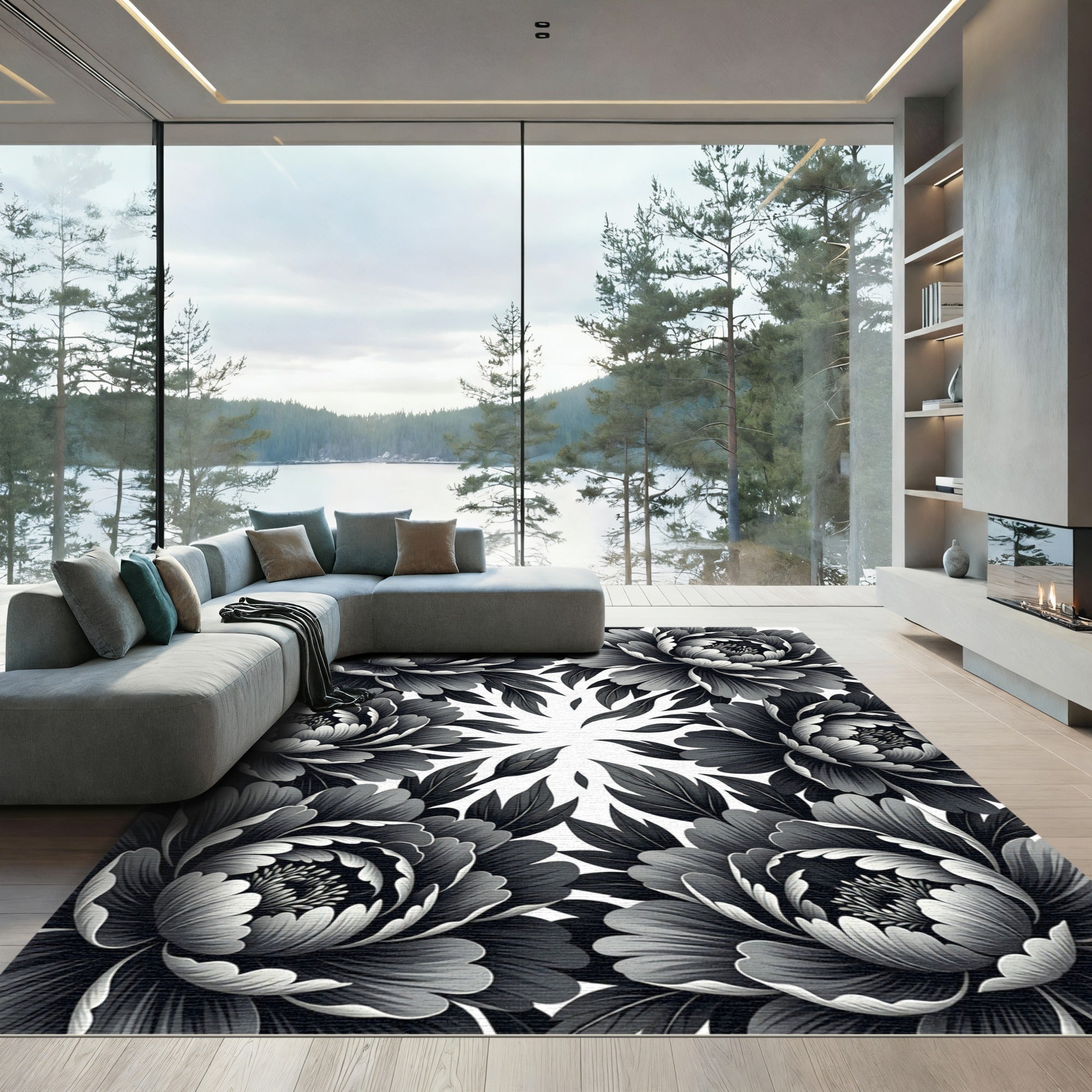 Monochromatic Floral Swirl Arrangement Rug