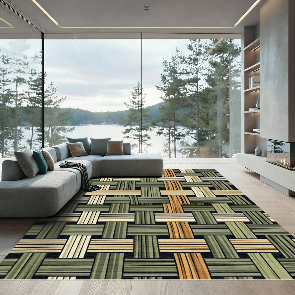 Modern Forest Green Woven Textured Grid Rug