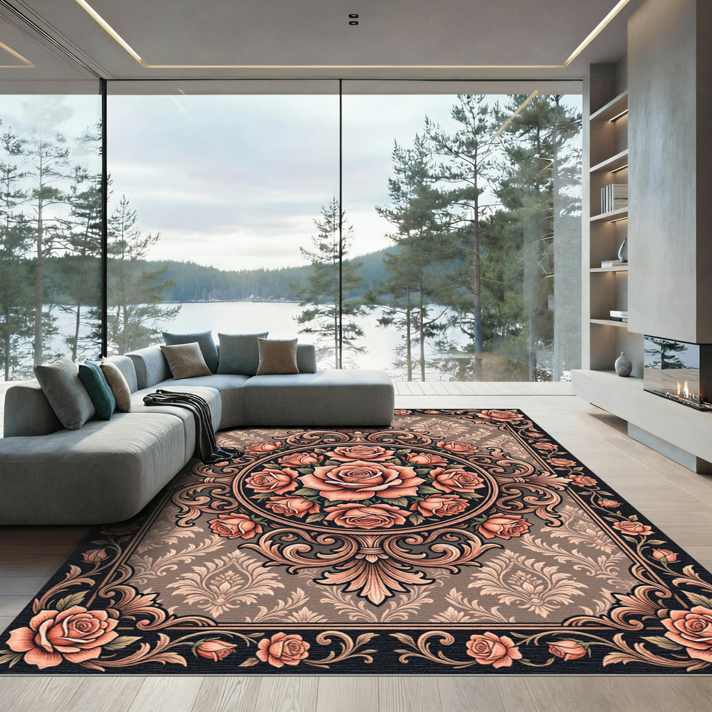 Vintage Peach Rose Scroll Medallion Rug