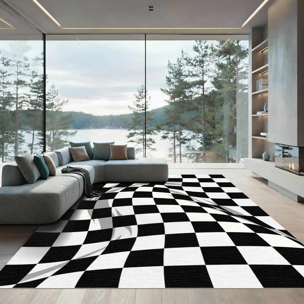 Distorted Monochrome Checkered Optical Wave Rug