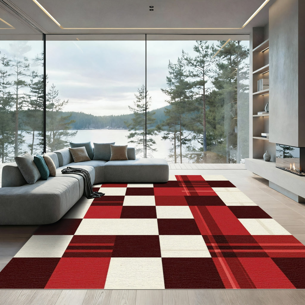 Modern Geometric Plaid Crimson Checkerboard Rug