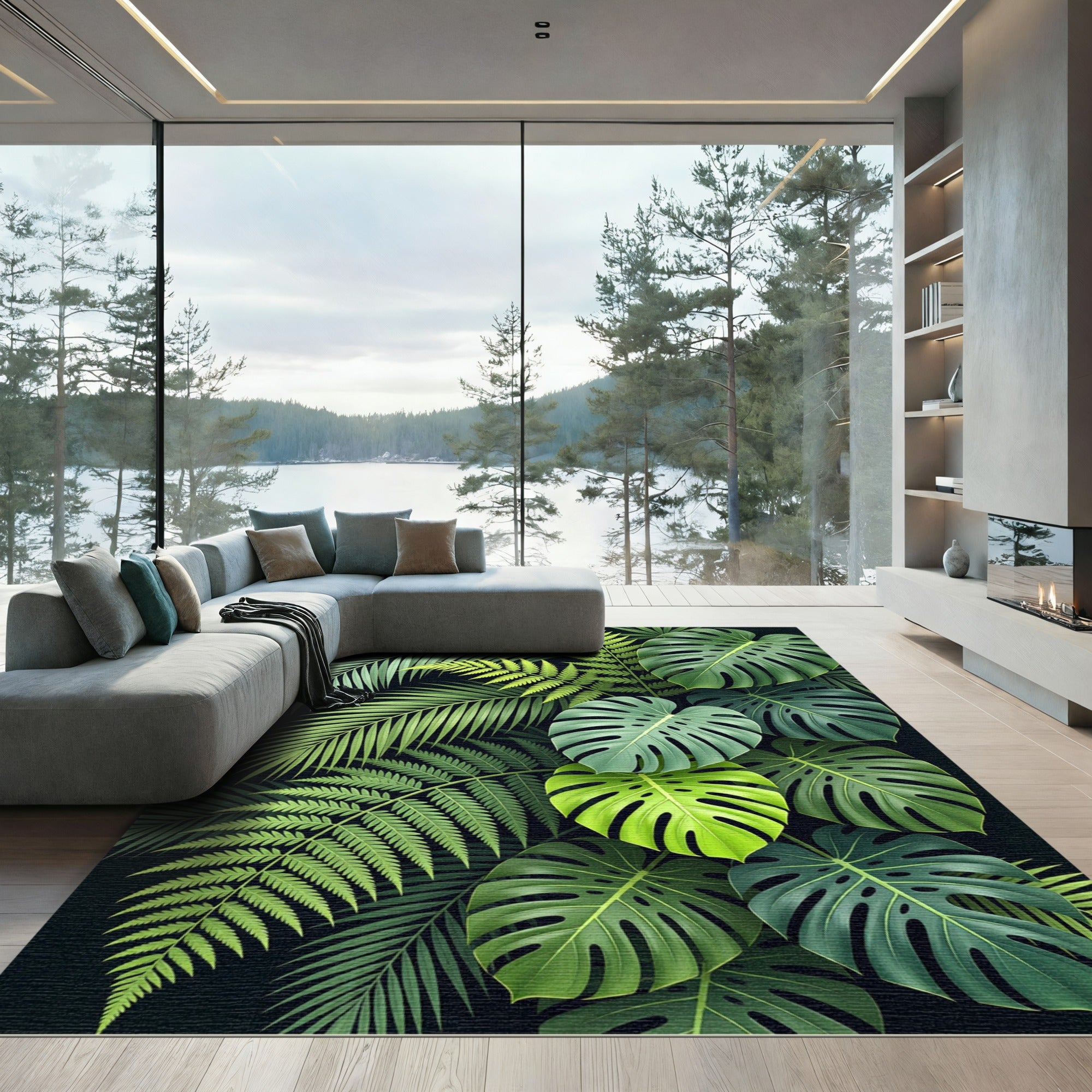 Vibrant Emerald Jungle Foliage Arrangement Rug