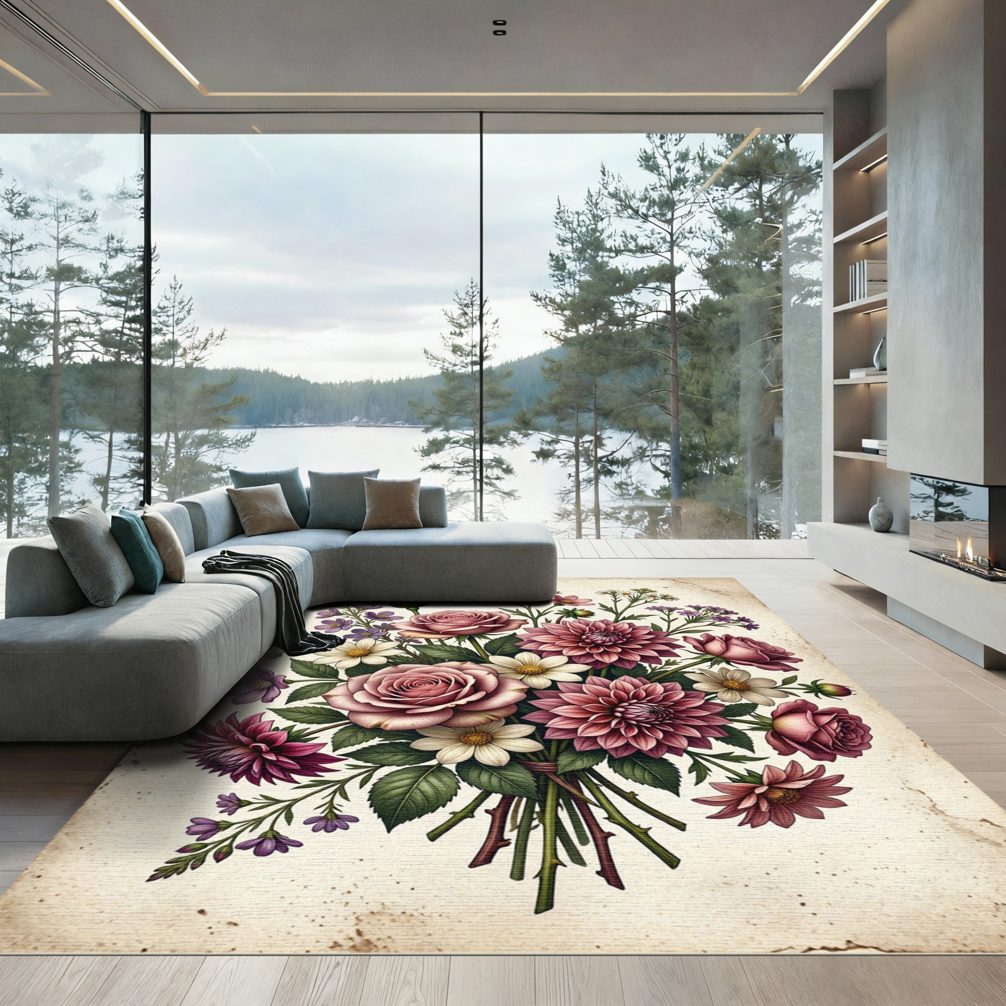 Vintage Dusty Rose Floral Bouquet Rug