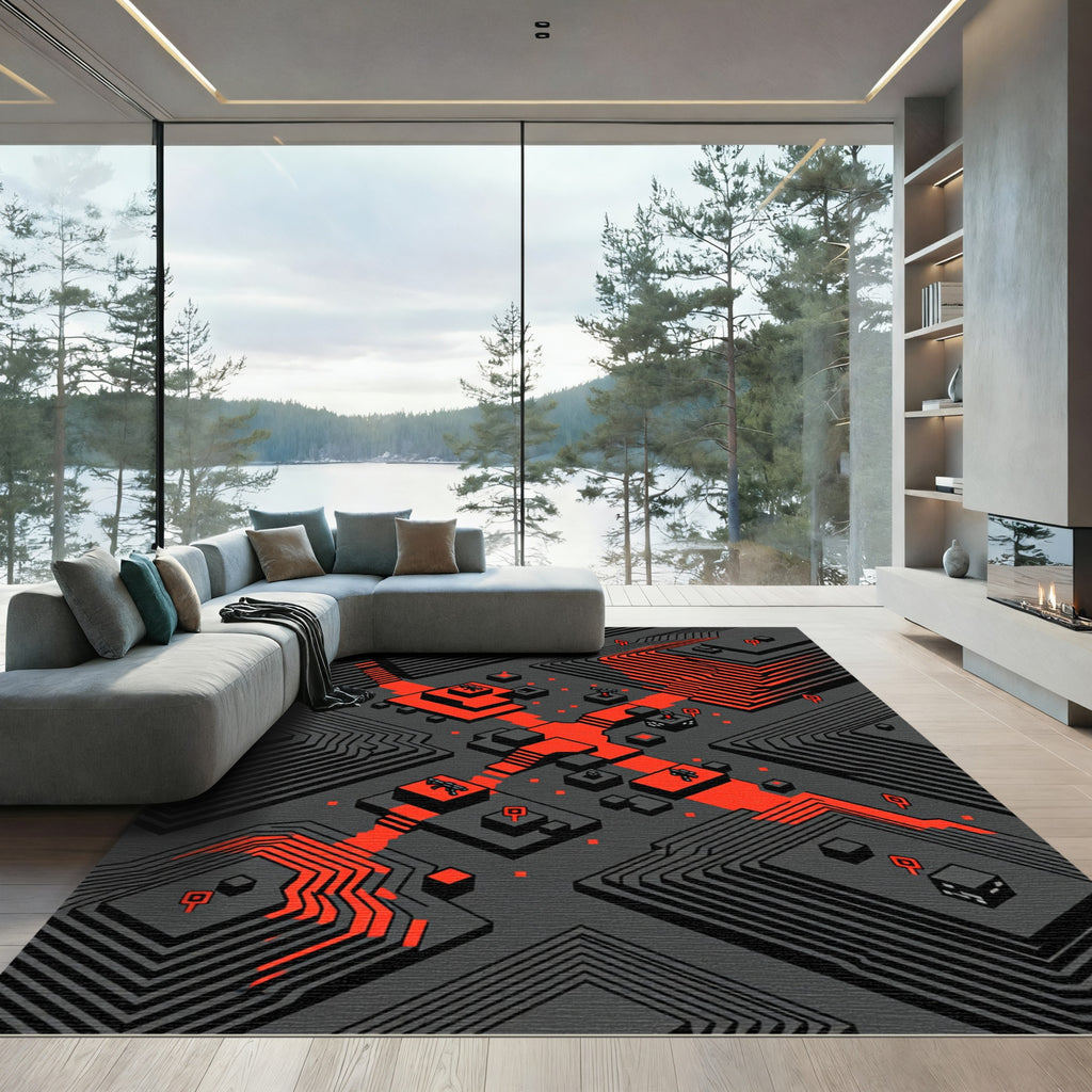 Geometric Cyberpunk Obsidian and Neon Red Rug