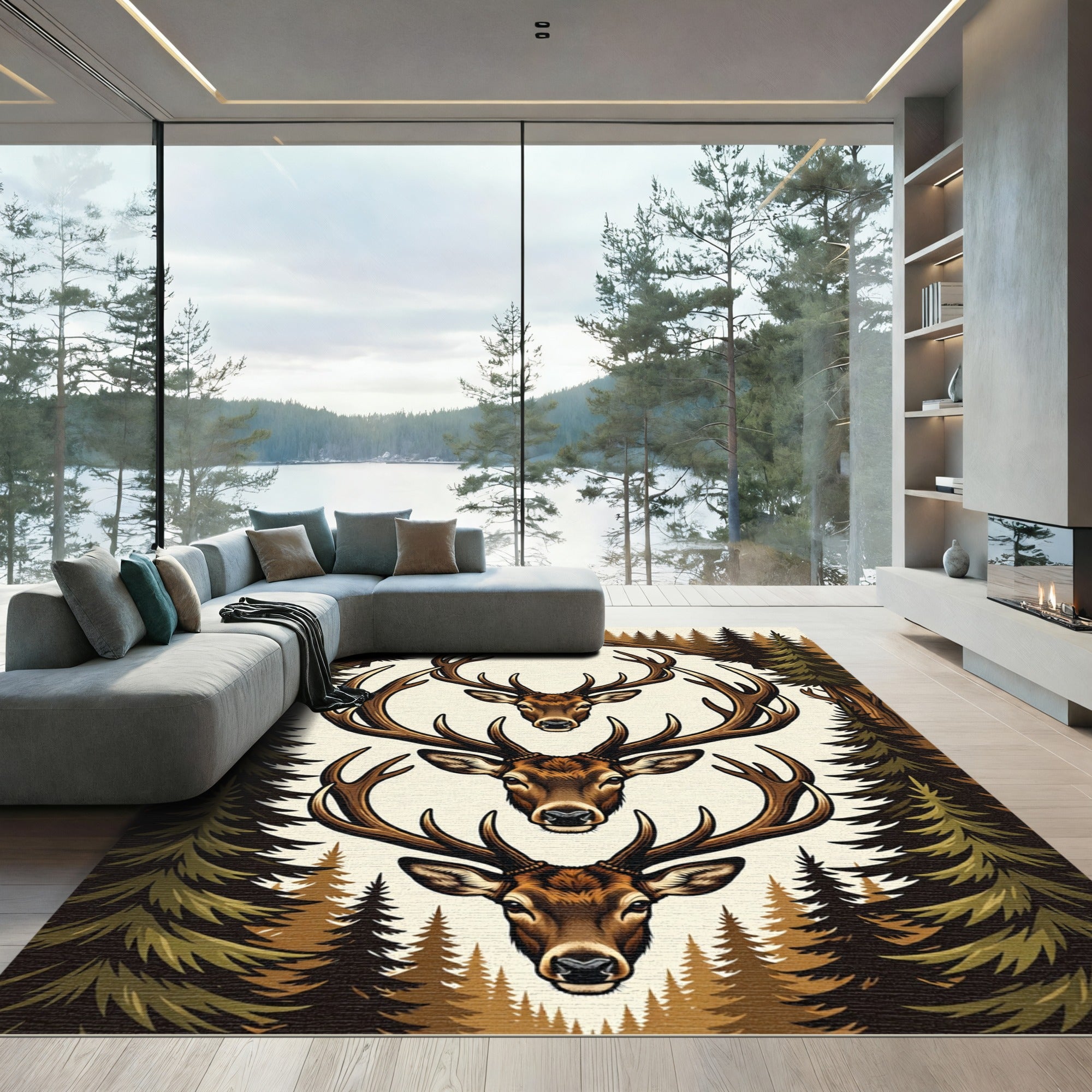 Rustic Triple Deer Forest Silhouette Rug