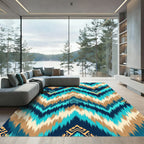Teal Blue Chevron Earthy Ikat Rug