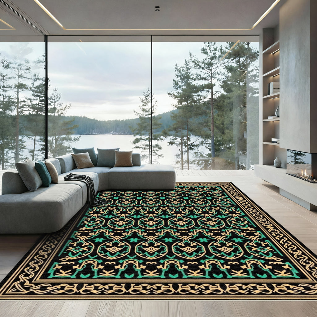 Intricate Green Beige Arabesque Medallions Rug