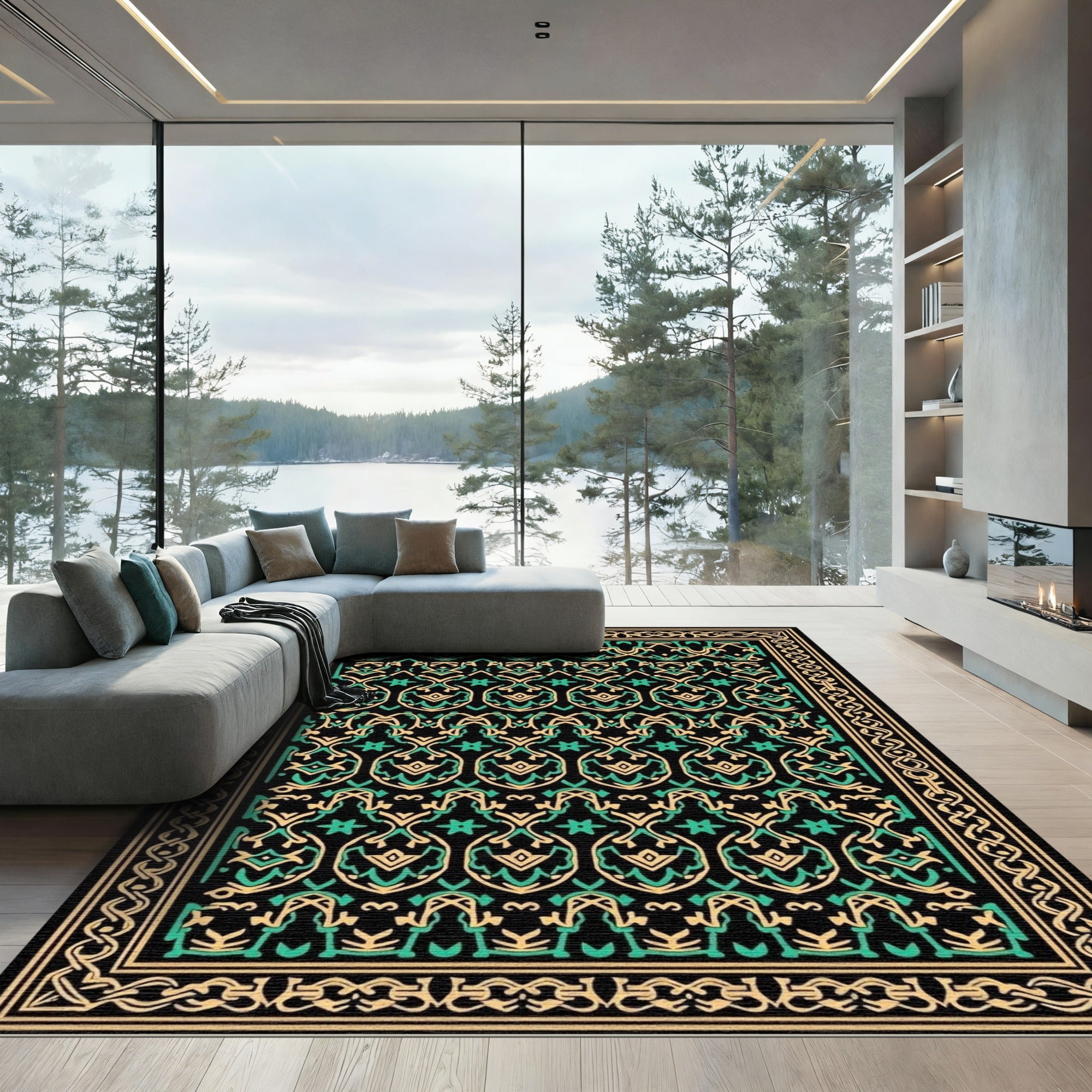 Intricate Green Beige Arabesque Medallions Rug