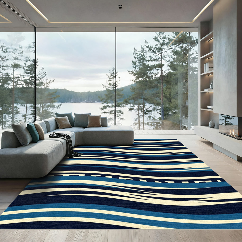 Modern Navy Blue Abstract Flowing Wave Rug