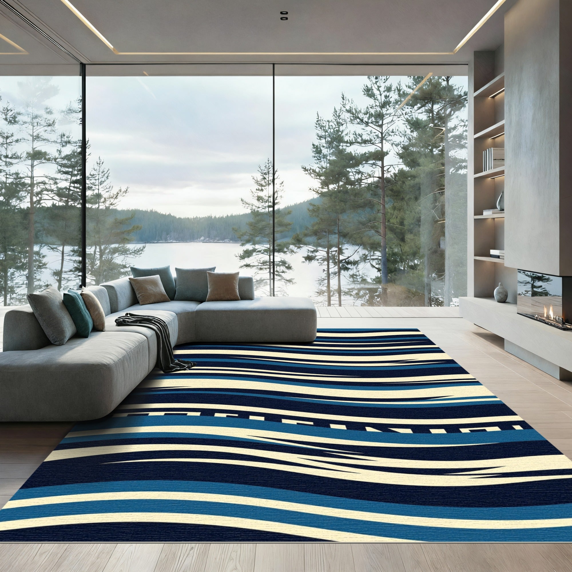 Modern Navy Blue Abstract Flowing Wave Rug