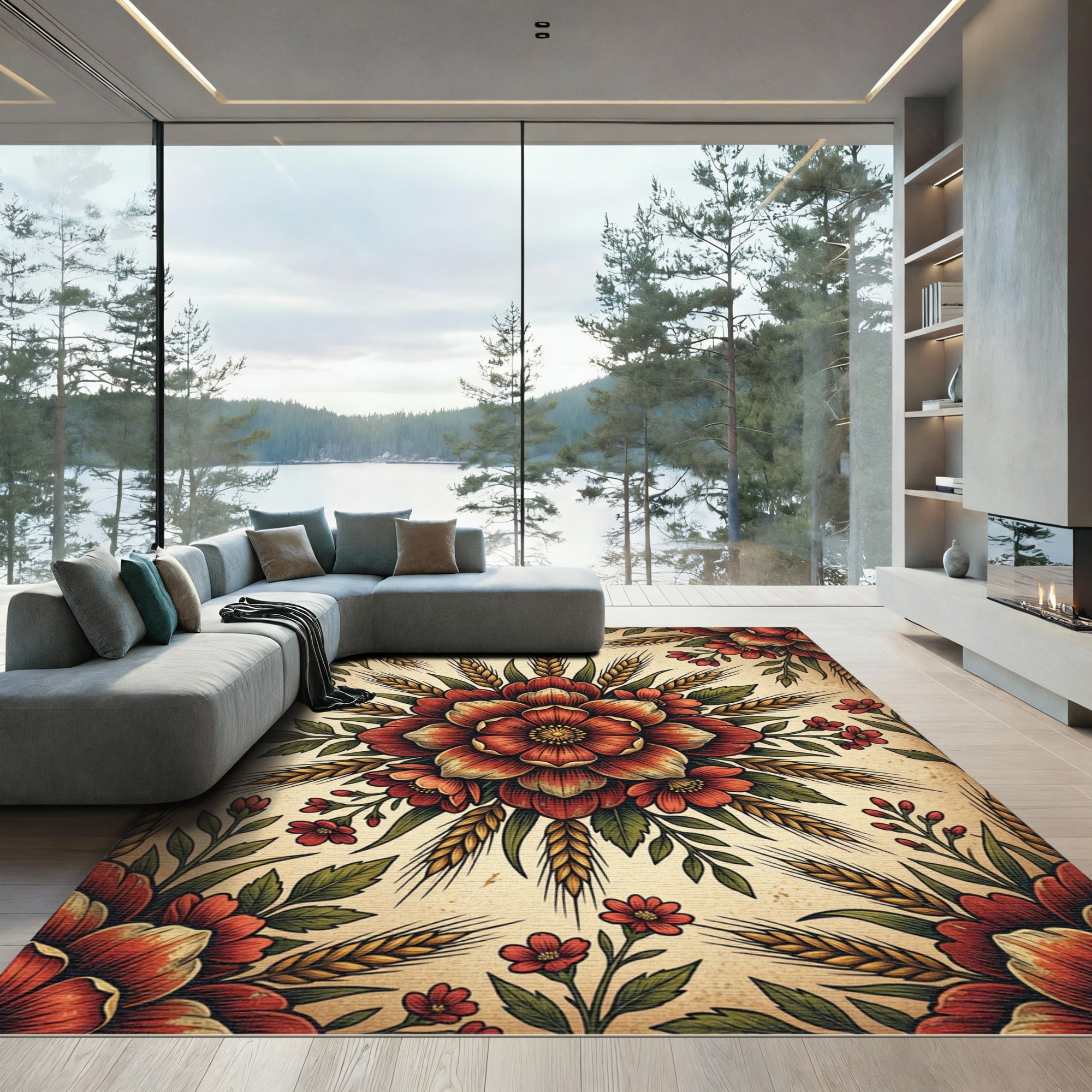Vintage Rustic Wheat and Floral Medallion Rug