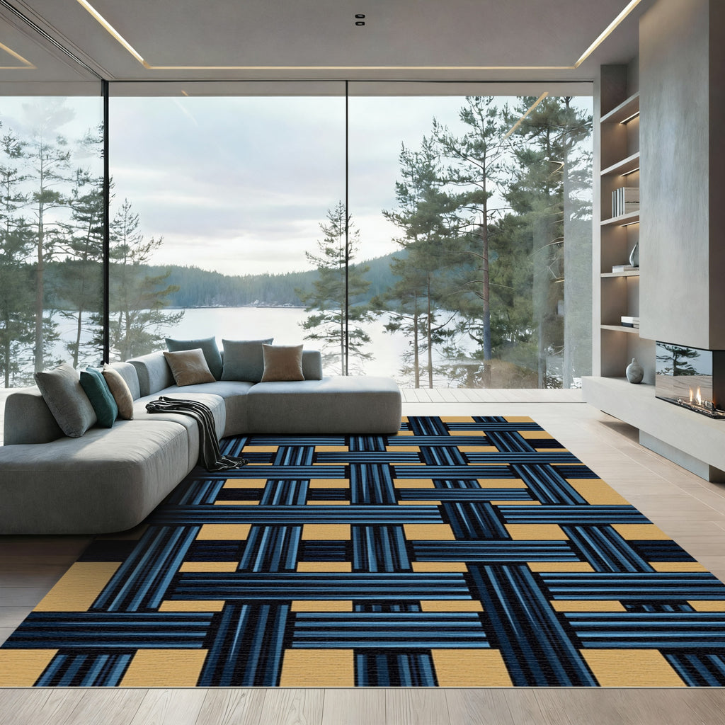 Contemporary Indigo Navy Interlocking Woven Grid Rug