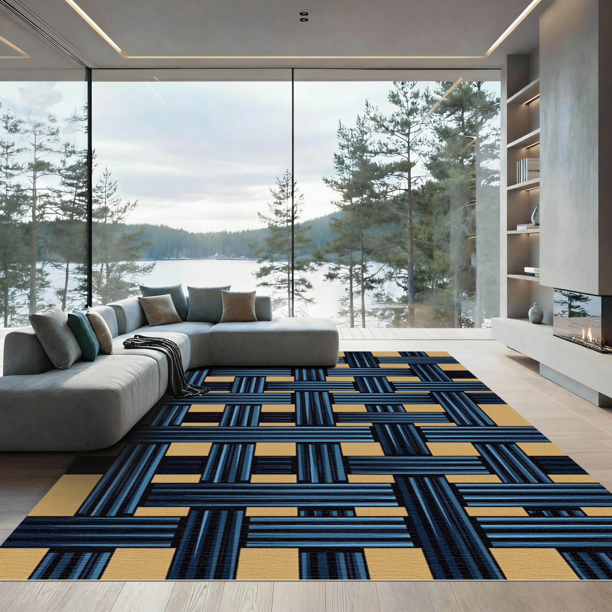 Contemporary Indigo Navy Interlocking Woven Grid Rug